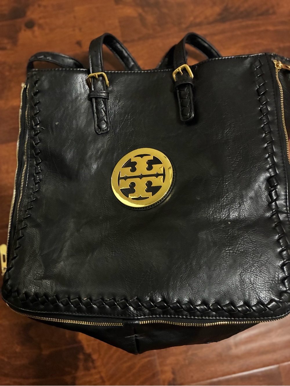 Tory Burch Black Leather Tote with Gold Emblem